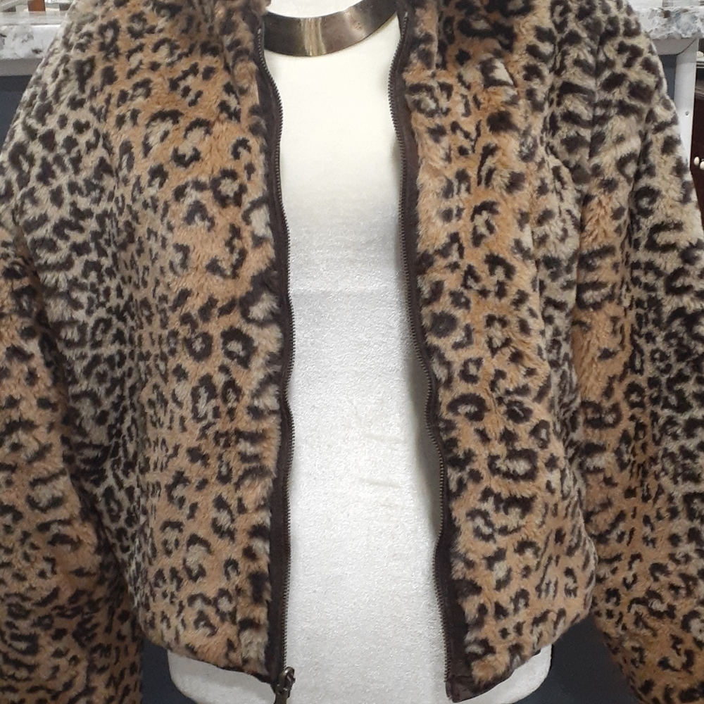 Vtg Joyce Leslie faux fur leopard and leather reversible bomber jacket size S - Picture 5 of 16